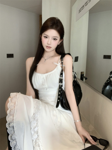 Real shot of white lace suspender dress for women, summer fairy design, irregular slanted waist long skirt