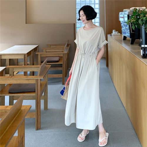 Korean chic summer retro niche simple solid color waist elastic loose puff sleeves long splicing dress for women
