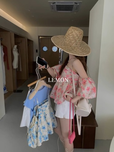 THE LEMON lemon green tea French style high-end leaky shoulder straps puff sleeve blouse women's summer baby blouse top