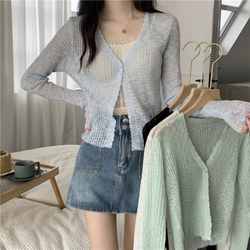 Real shot Summer new V-neck long-sleeved knitted cardigan thin sun protection top for women