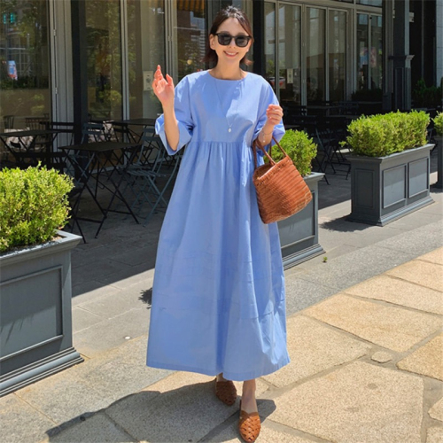 2024 Korean chic summer retro niche simple solid color loose puff sleeve long splicing dress for women