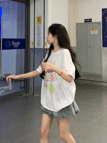 韩系休闲短袖T恤女夏季2024新款别致印花设计感圆领宽松百搭上衣