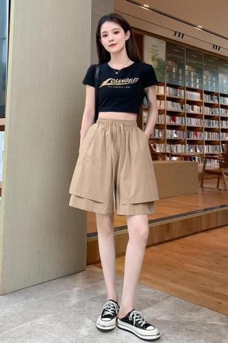 Real shot of large size retro casual shorts, elastic waist tie, slimming wide leg pants, solid color mid-length pants for women