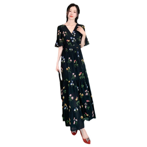 2024 Summer New Printed Sisters Women’s Mother’s French Long Skirt Slim Bell Sleeve Holiday Floral Dress