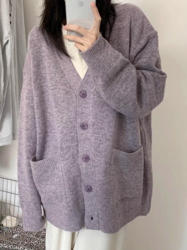 Languid Korean-style gentle purple sweater jacket for women, winter thickened high-end knit cardigan for petite figures