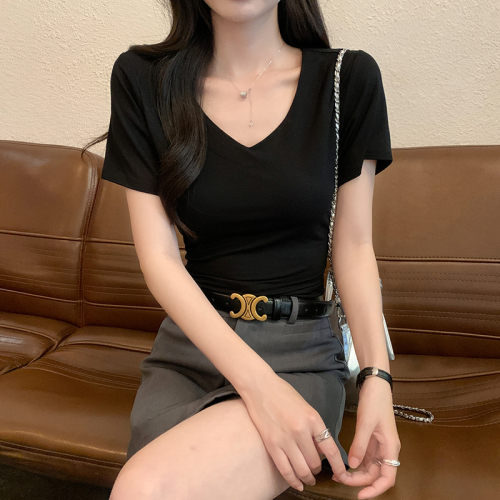 实拍 夏季韩版正肩V领纯色简约修身显瘦短袖T恤上衣女