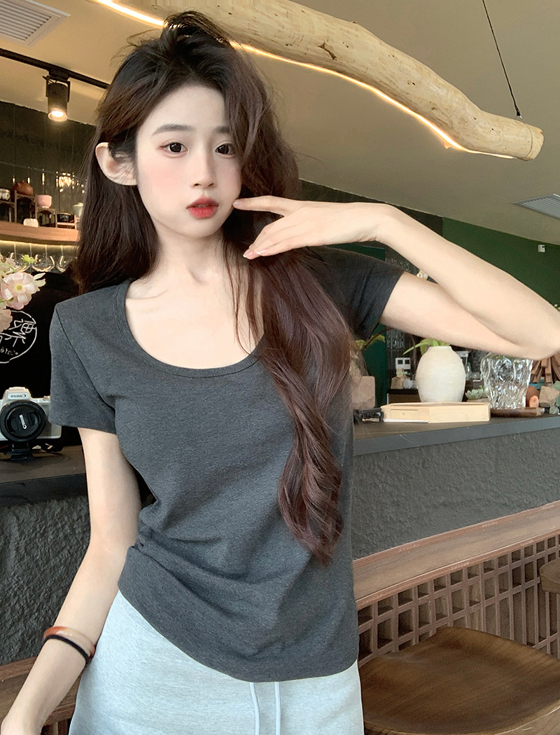 1*1 Modal Short Sleeve T-Shirt for Women 2024 Summer Fitted Straight Shoulder Round Neck Solid Color Korean Style Top