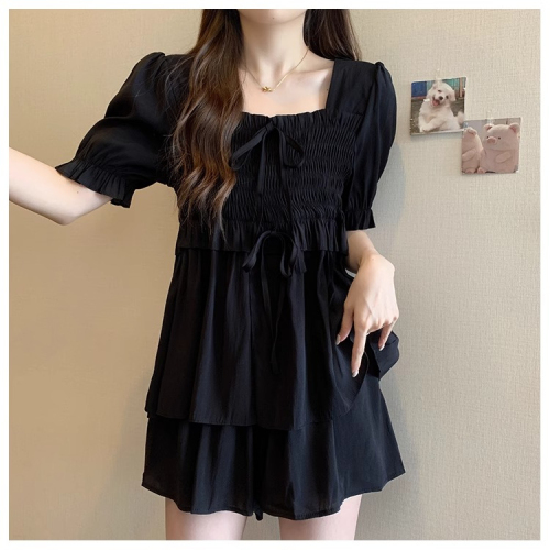 Official photo Summer short-sleeved suit women's shirt + shorts design bow square neck elastic waist top two-piece set