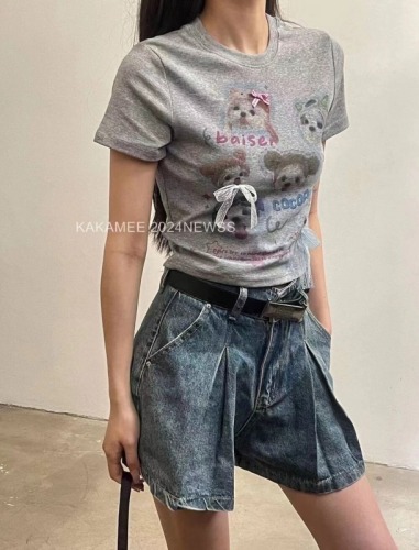 趣味卡通喷画蕾丝蝴蝶结T恤女2024夏季新款韩系小版休闲短袖