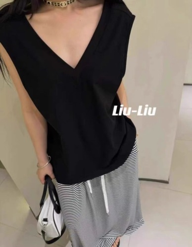 2024 Spring and Autumn Women's New Solid Color Casual Versatile Sleeveless Slim Slim V-Neck Vest Top