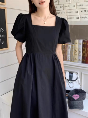 Korean chic summer new niche design square collar color matching dress women's high waist slim puff sleeve long skirt