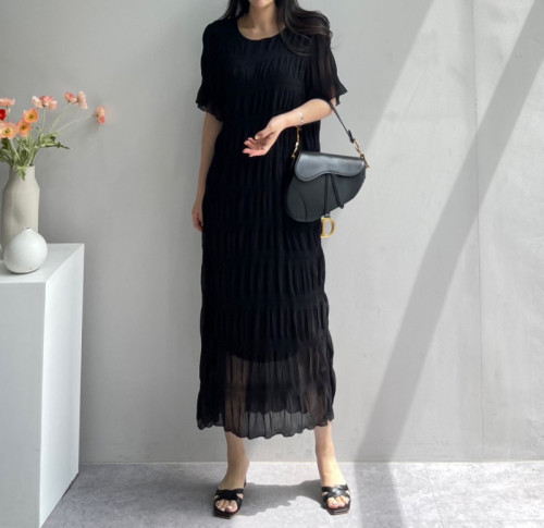 2024 Korean spring and summer new wave pattern mid-length loose round neck short-sleeved chiffon dress