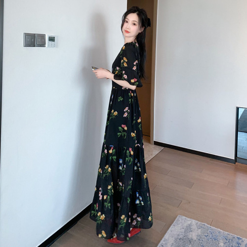 2024 Summer New Printed Sisters Women’s Mother’s French Long Skirt Slim Bell Sleeve Holiday Floral Dress