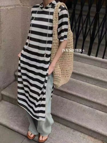 JVV SISTER Korean style casual black and white striped slit hooded short-sleeved knitted dress long skirt for women summer
