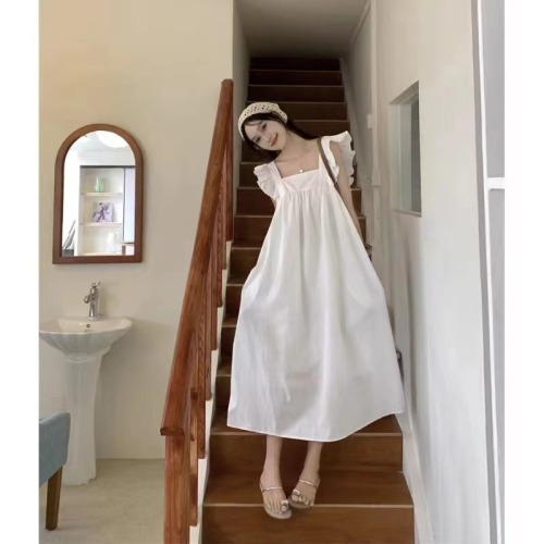 Fresh Square Neck Fly Sleeve Dress Women 2024 Summer Design Chic Blue Long Dress Sleeveless Simple