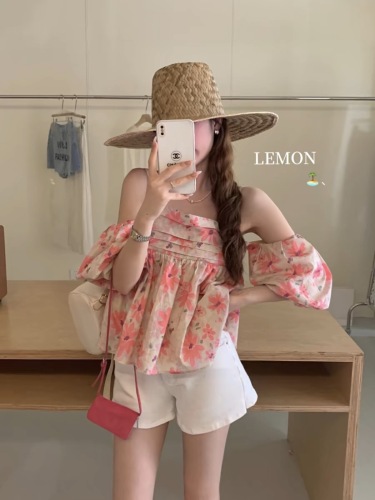 THE LEMON lemon green tea French style high-end leaky shoulder straps puff sleeve blouse women's summer baby blouse top