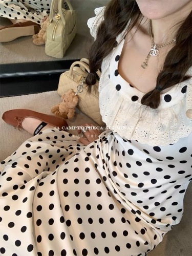 LUU Tao Xi'er/polka-dot satin dress French style slim sleeveless long dress design niche women's summer