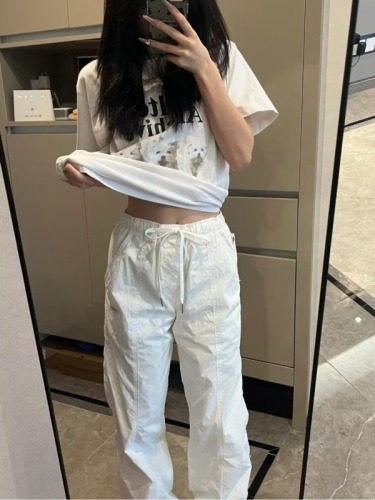 American hiphop white paratrooper pants for women thin summer foot binding niche loose hip-hop drawstring casual wide leg pants