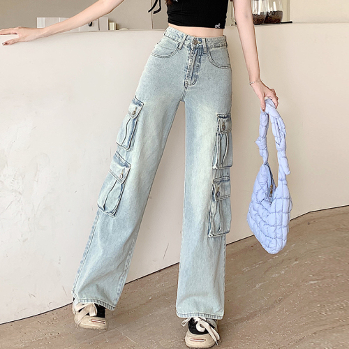 Real shot of pure cotton washed jeans for women, American retro low-waisted straight-leg loose multi-pocket cargo pants for autumn