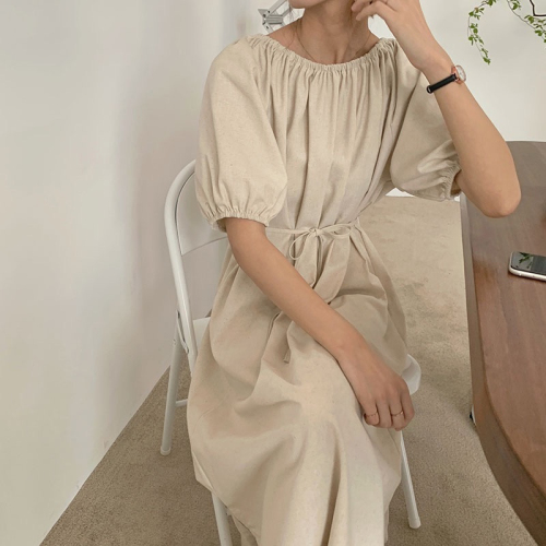 Korean chic Dongdaemun summer temperament solid color one-shoulder loose lace-up waist puff-sleeve long dress