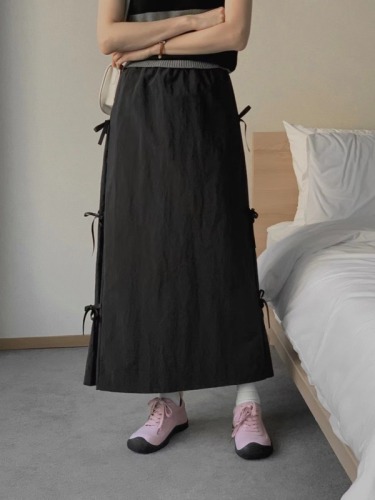 Korean chic design bow tie skirt women's mid-length slit long skirt