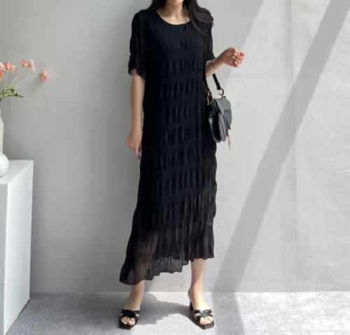 2024 Korean spring and summer new wave pattern mid-length loose round neck short-sleeved chiffon dress