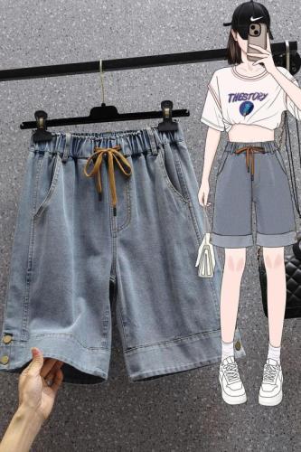 Real shot of summer large size elastic waist wide leg denim shorts fat mm casual high waist elastic casual fashion mid pants