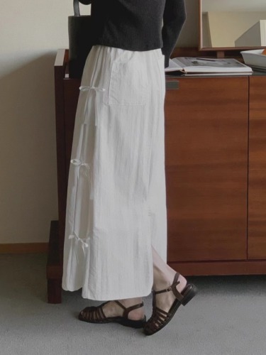 Korean chic design bow tie skirt women's mid-length slit long skirt