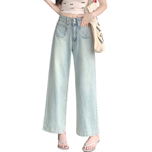 Real shot of light-colored wide-leg jeans for women 2024 spring and autumn new high-waisted belly slimming retro loose straight pants