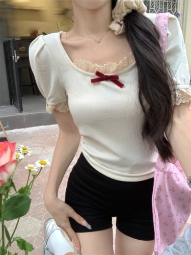 Real shot lace patchwork bow short-sleeved T-shirt women's summer new sweet slim-fit figure-flattering off-shoulder top