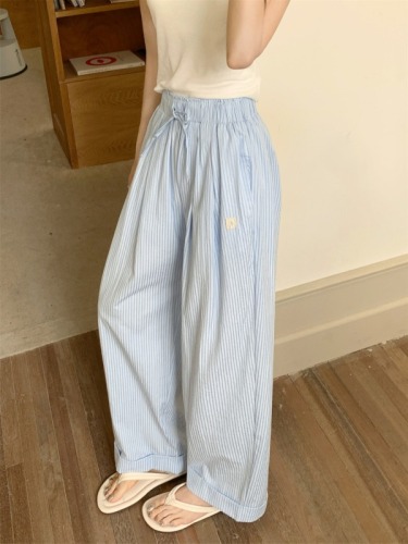 Actual shot ~ Korean version of lazy style high-waist slim book stripe loose wide-leg casual floor-length trousers