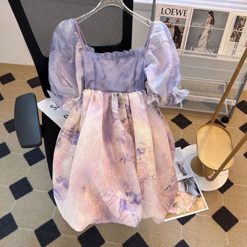 French sweet and high-end petite princess flower dress with waist and elegant fairy fluffy skirt