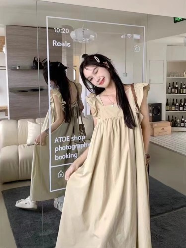 Fresh Square Neck Fly Sleeve Dress Women 2024 Summer Design Chic Blue Long Dress Sleeveless Simple