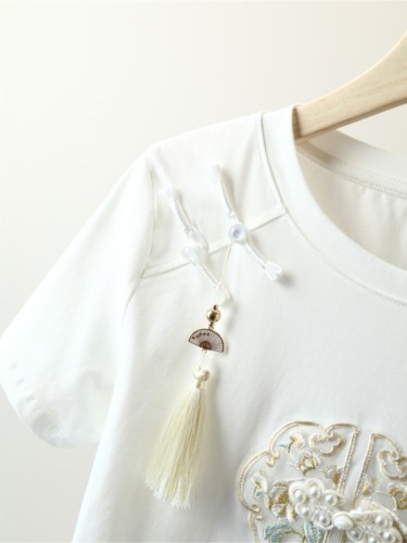 实拍  40支罗纹布92棉8安纶国风珍珠盘扣新中式短袖T恤女夏季