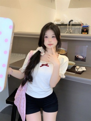 Real shot lace patchwork bow short-sleeved T-shirt women's summer new sweet slim-fit figure-flattering off-shoulder top