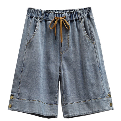 Real shot of summer large size elastic waist wide leg denim shorts fat mm casual high waist elastic casual fashion mid pants