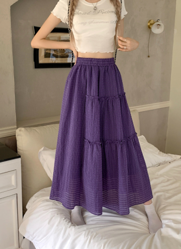 实拍 格子蛋糕裙紫色半裙多巴胺穿搭女2024夏新款长裙子韩版