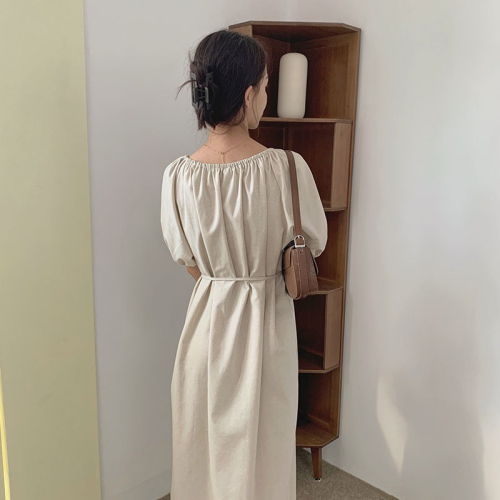 Korean chic Dongdaemun summer temperament solid color one-shoulder loose lace-up waist puff-sleeve long dress