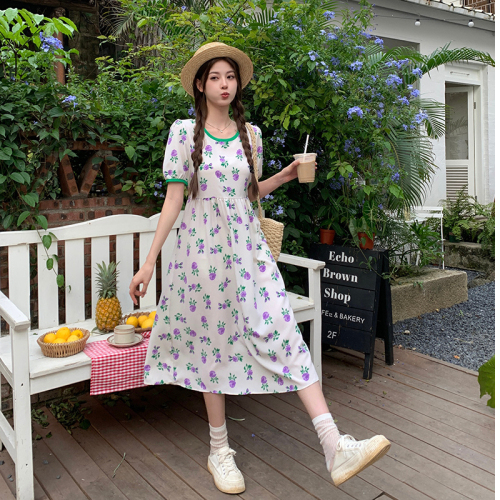 Real shot of large size high-end Platycodon tea break French temperament long skirt with waist slimming fairy floral dress