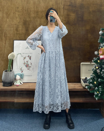 Korean style lace flesh-covering V-neck long dress