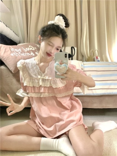 Real shot of Korean version of sweet princess style heavy industry lace cotton loose summer short-sleeved home clothes suit