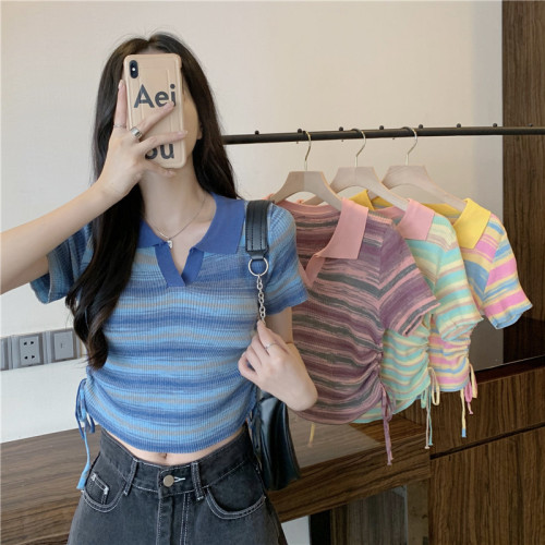 Real shot of retro niche Polo collar short-sleeved drawstring striped contrasting color bottoming shirt T-shirt short top for women