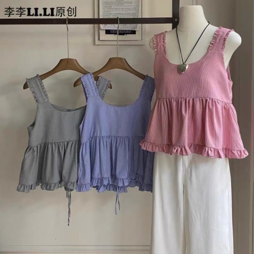 Original Korean version of pink sweet and cute temperament lace-up wooden ear straps stacked suit girly suit suspenders