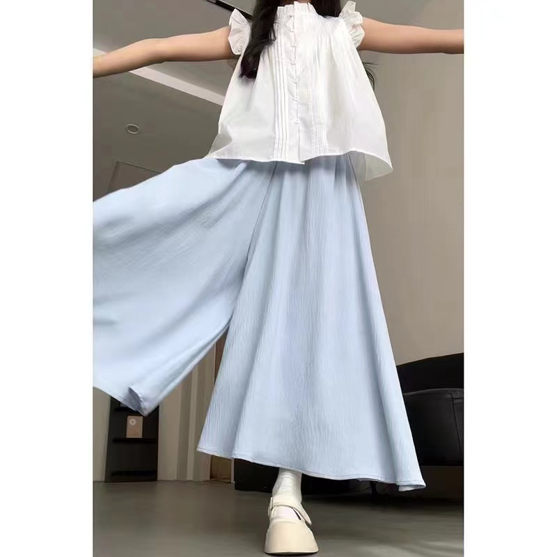 Official photo of summer culottes for women, thin, small, loose, pleated A-line skirt, cotton and linen high-waist drapey wide-leg pants