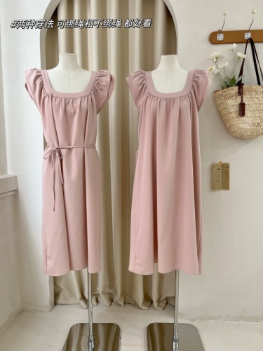 Wang Girl's Shop Pink Small Flying Sleeve Dress 2024 Summer Square Neck Sweet Vacation Loose Long Slim Skirt