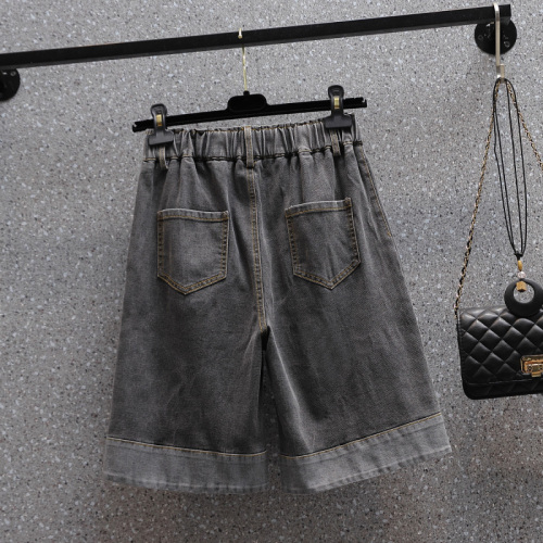 Real shot of summer large size elastic waist wide leg denim shorts fat mm casual high waist elastic casual fashion mid pants