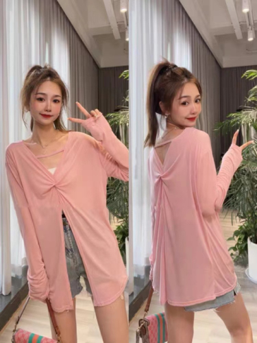 Original fabric two-wear twist design niche long-sleeved pink sun protection cover-up T-shirt for women spring thin wide