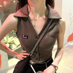 Original fabric Slim short POLO collar cardigan vest for women ins summer outer wear cool button sleeveless top