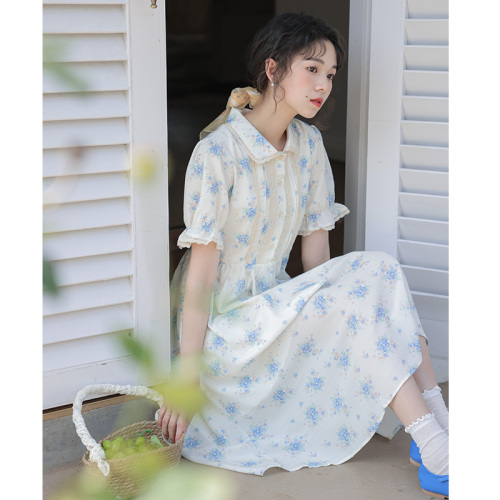 Actual shot of floral dress 2024 new summer Japanese style fresh and gentle style doll collar puff sleeve waist skirt