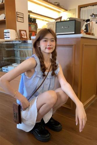 实拍~韩版条纹无袖衬衫女夏款法式上衣设计感方领衬衣